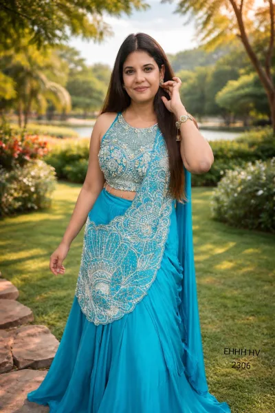 Bebo Blue Leafy Drape Pre-draped Indo-Western Rangoli Silk Lehenga Set